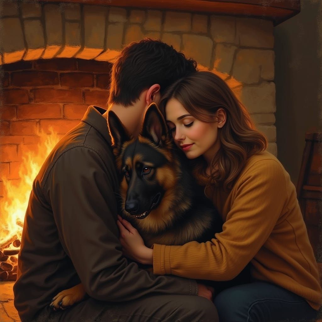 Cozy Family Portrait: Embracing Dog by Fireplace