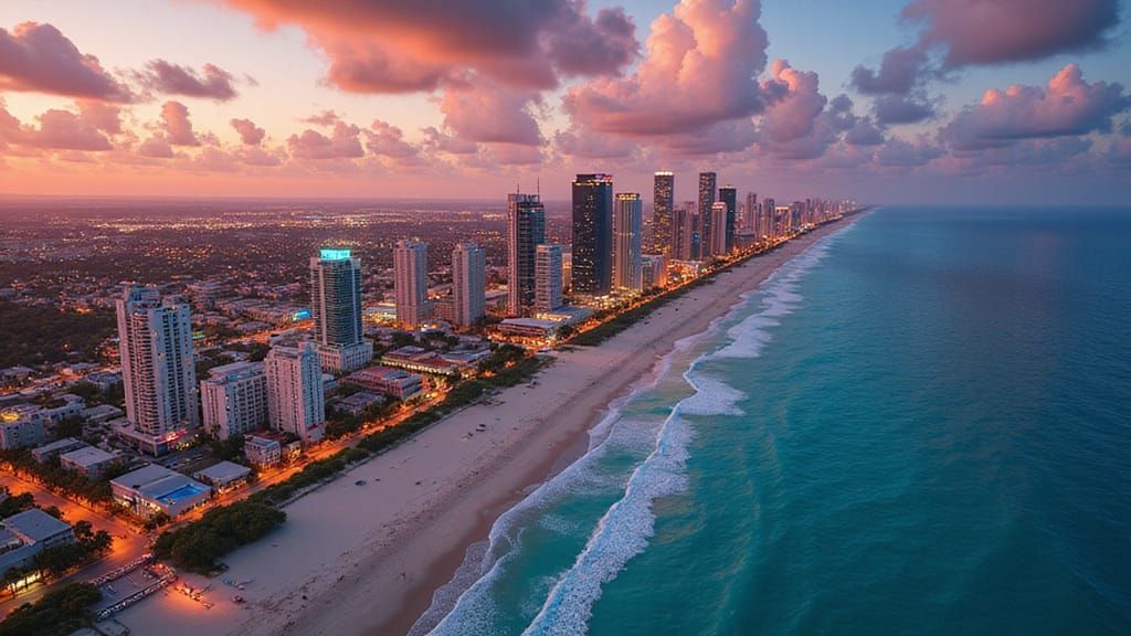 Neon-Lit Vice Cityscape at Sunset