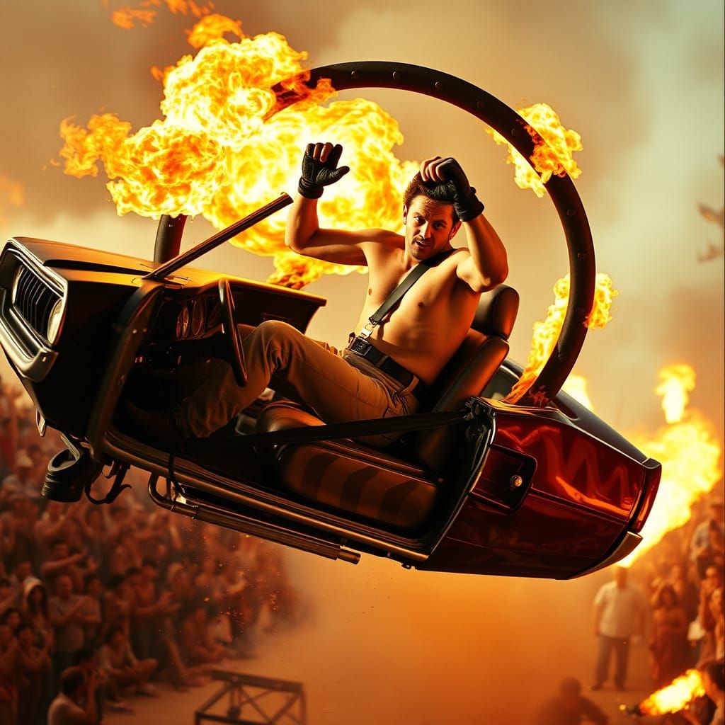Shirtless Stuntman Jumps Burning Hoop in Muscle Car