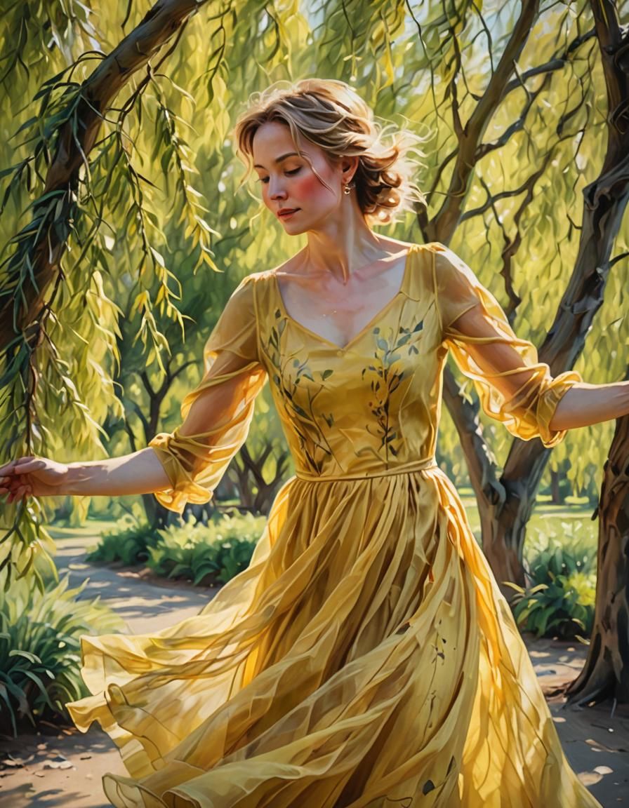 Woman in Yellow Dress: Impressionist Willow Tree Dance