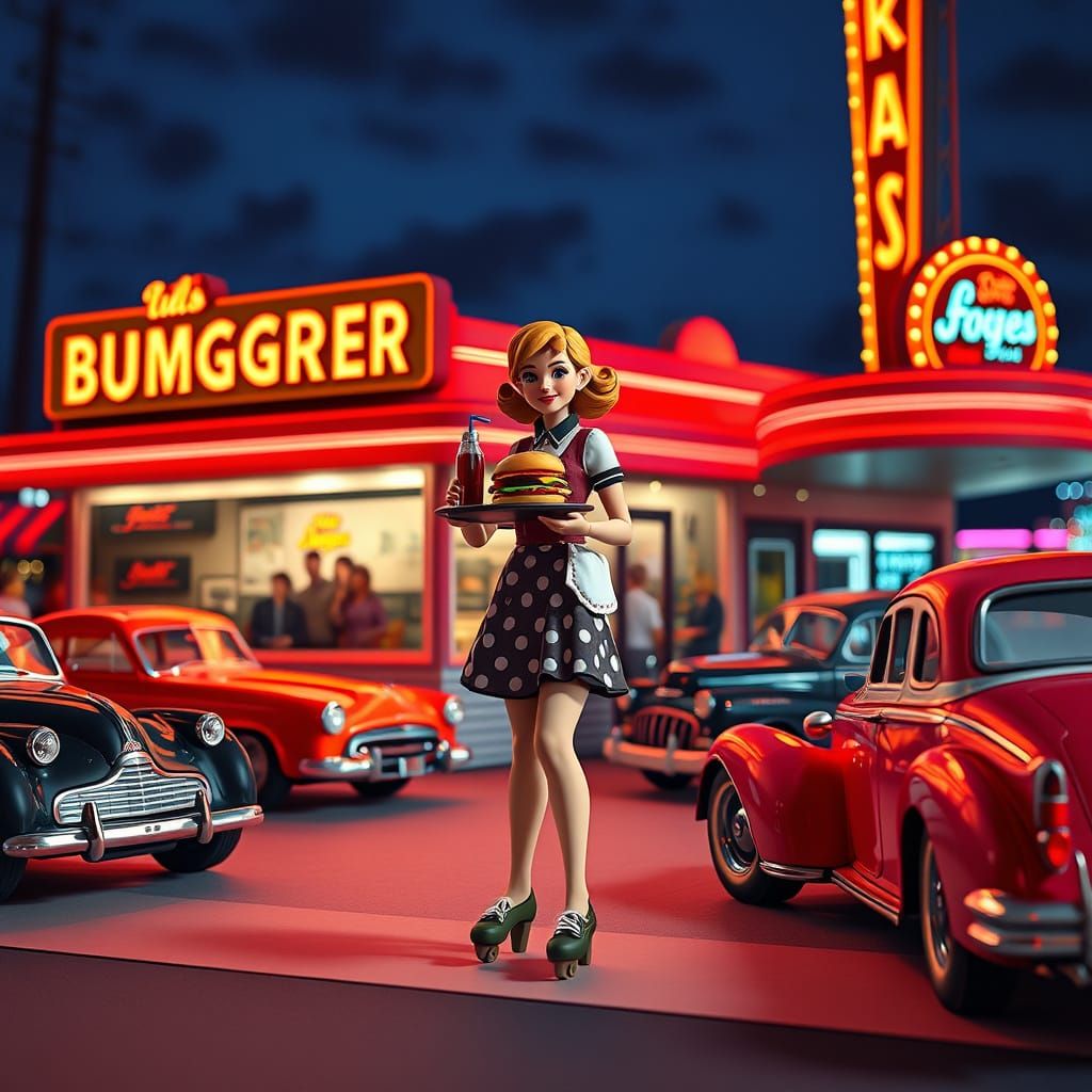 Retro Diner Waitress in Stylized Papercraft Aesthetic