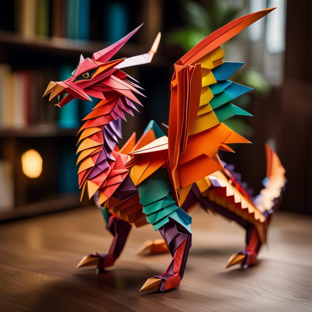 Vibrant Origami Dragon with Sharp Wing Details