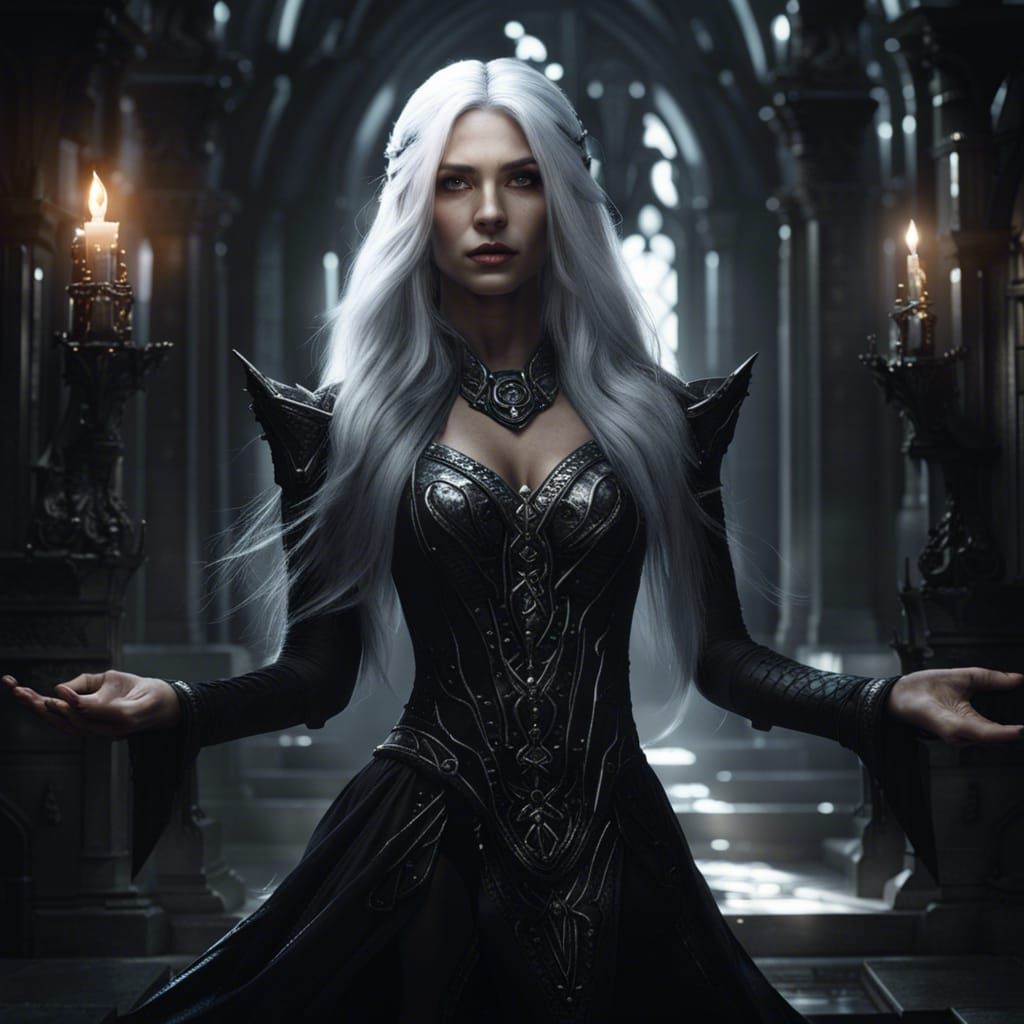 Elven Woman Holding Dark Energy in Fantasy Castle
