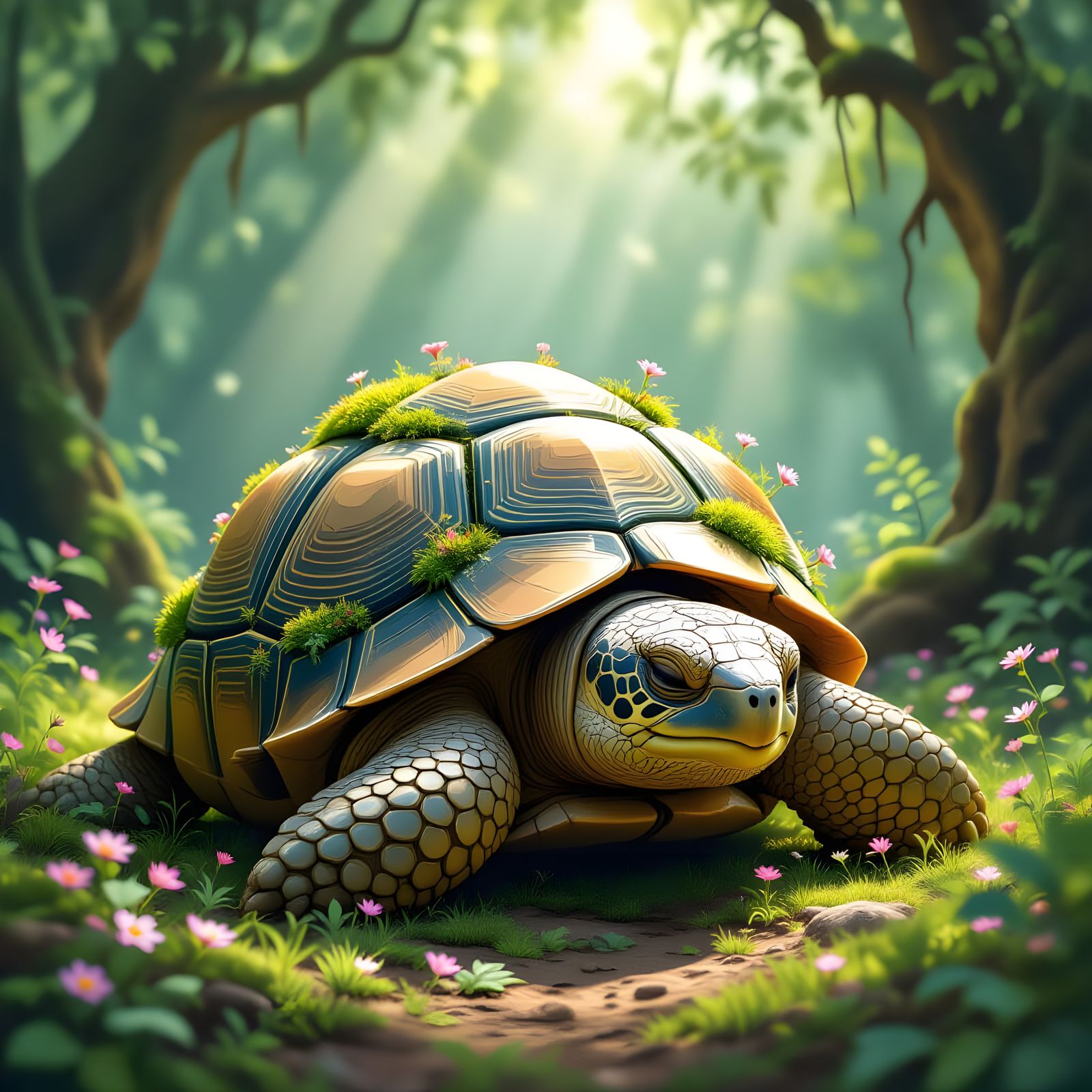 Giant Tortoise Sleeps Peacefully in Ancient Forest