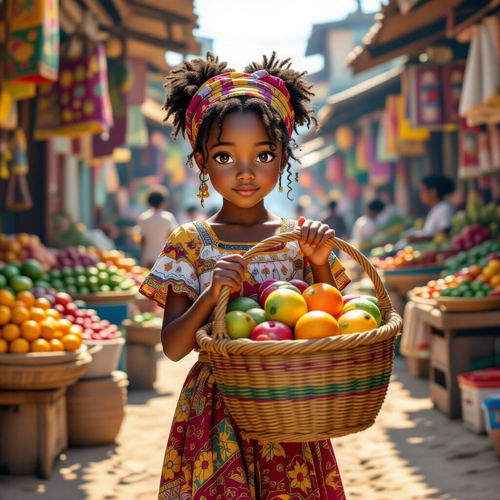 Anime Girl with Fruit Basket in African Market