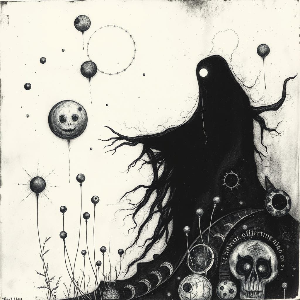 Mystical Figure in Celestial Dreamscape: Etching Style