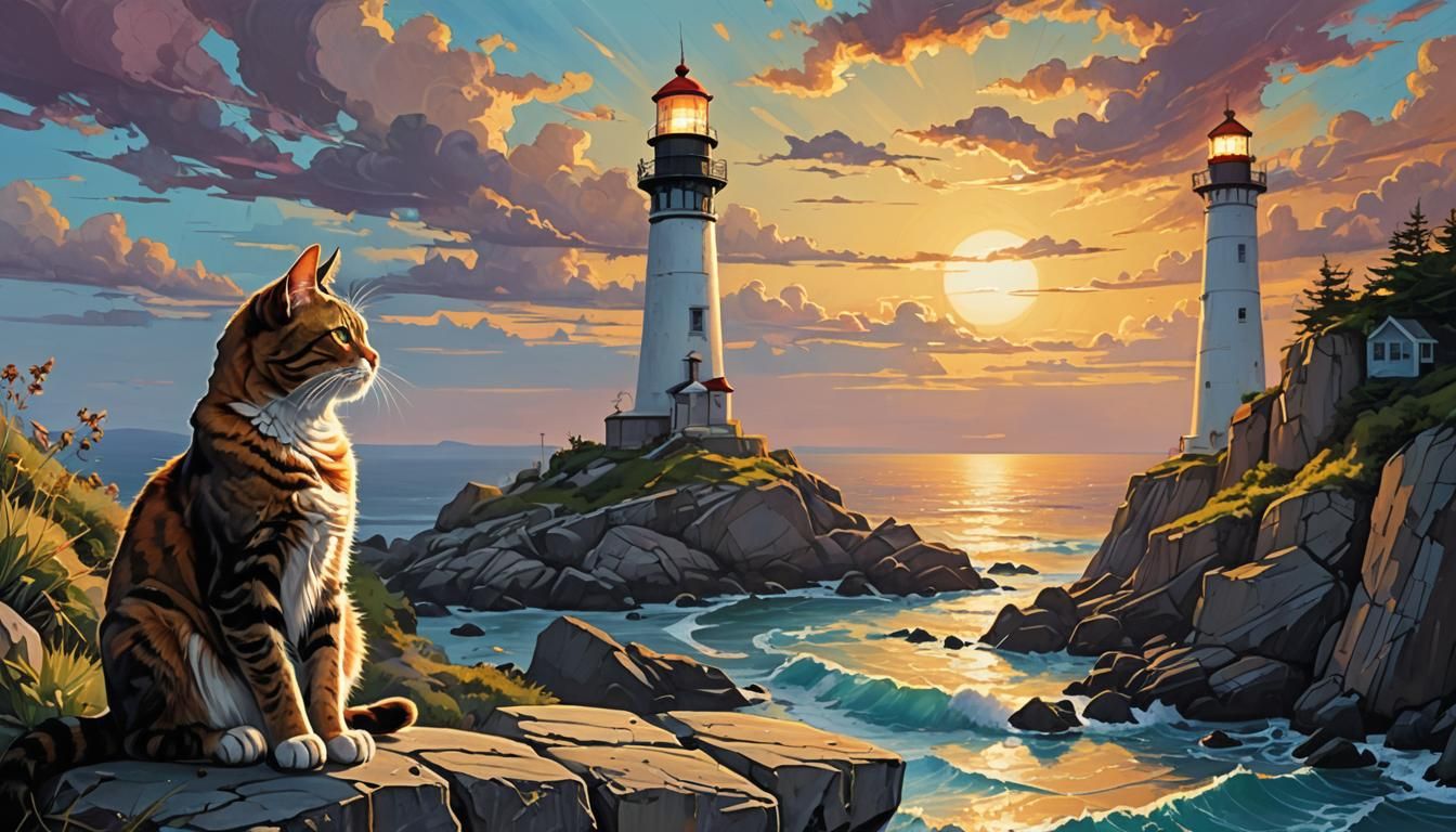 Cat at Lighthouse: Graffiti Street Art Sunset