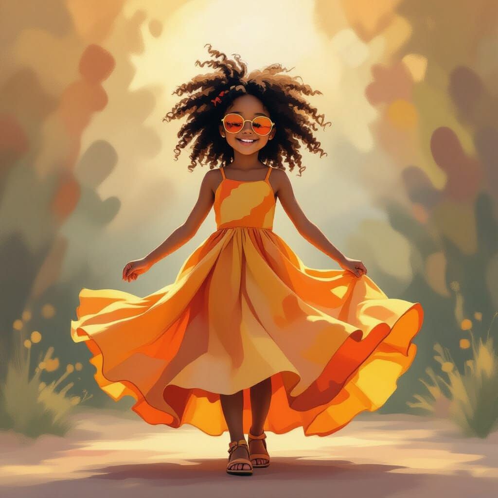 Joyful Girl in Flowy Orange & Yellow Dress, Impressionist St...