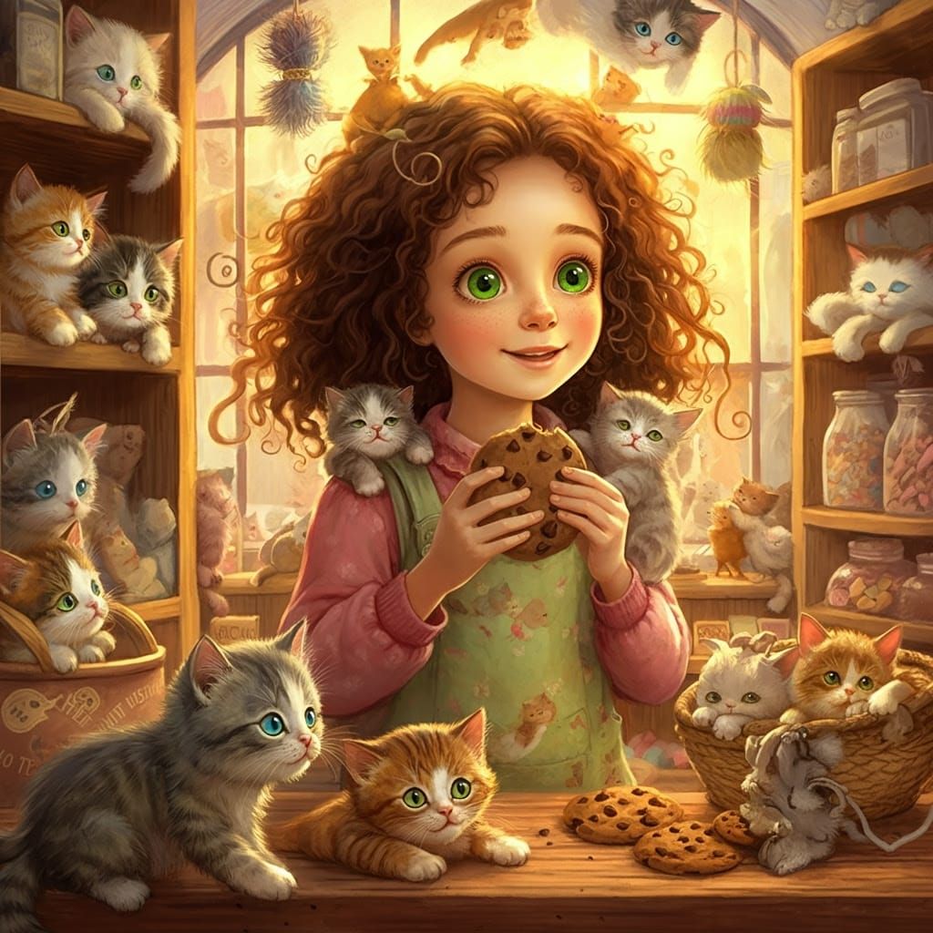Whimsical Girl Surrounded by Kittens in a Cozy Shop