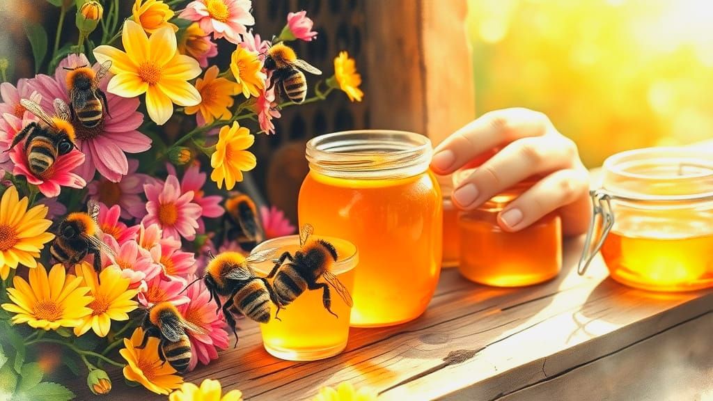 Bumble Bees Amidst Vibrant Flowers in a Golden Honey Scene