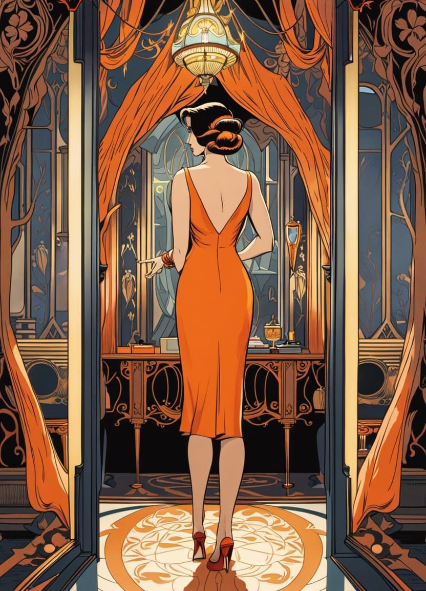 Woman in Orange Dress, Art Nouveau Illustration