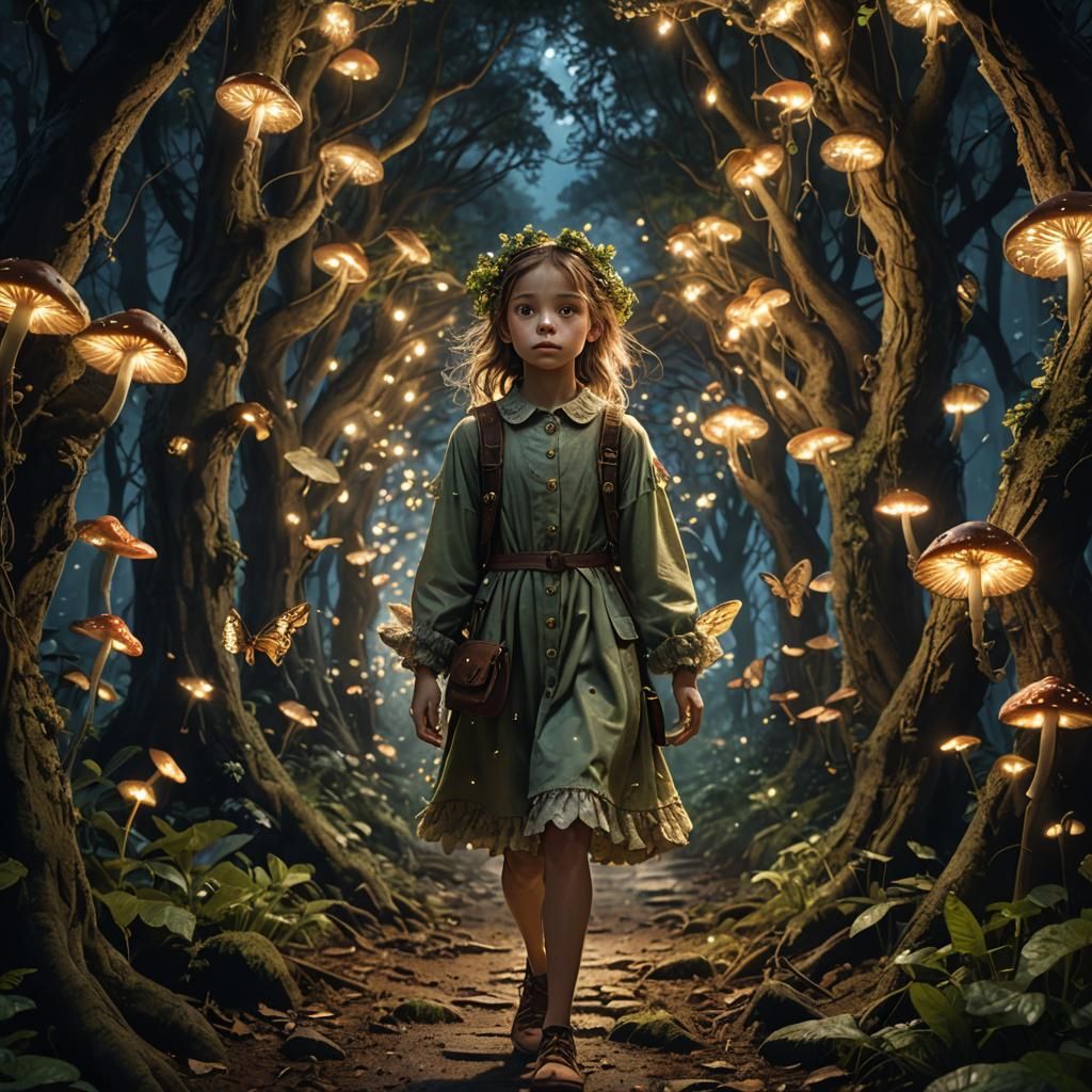 Bird-Headed Girl Enters Fairy Lit Forest Passage