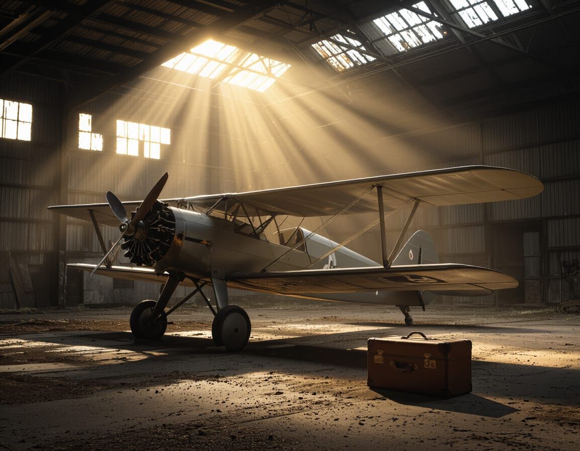 Weathered Biplane in Abandoned Hangar