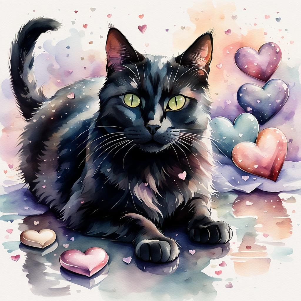 Dreamy Black Cat with Silver Hearts Illustration