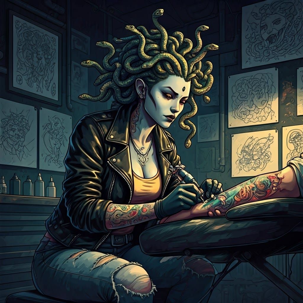 Surreal Tattoo Artist Medusa in Cyberpunk Tattoo Parlor