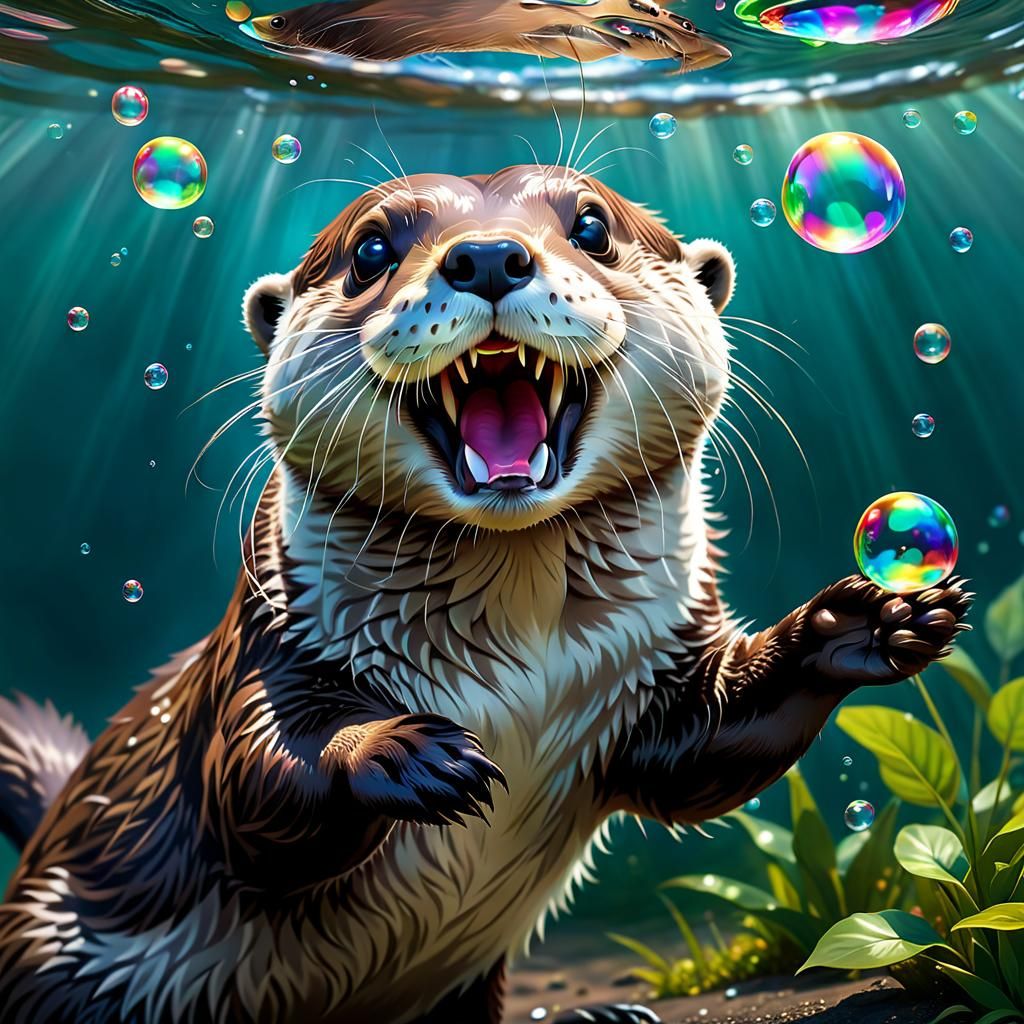Playful Otter Blowing Bubbles: Digital Matte Painting