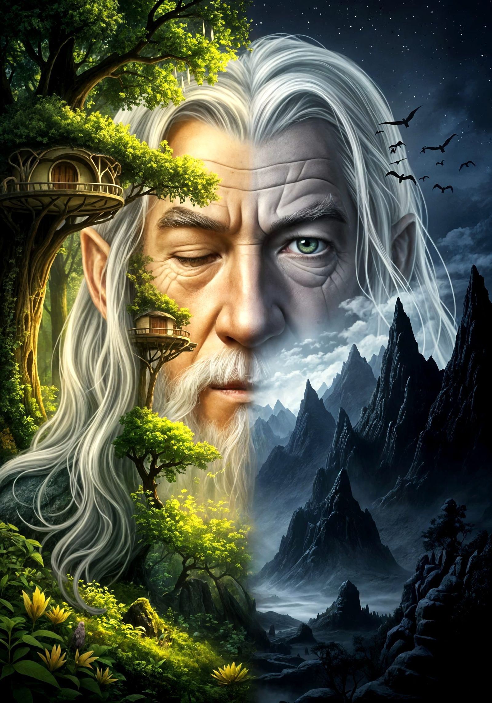 Gandalf's Duality: A Photorealistic Digital Art Composite