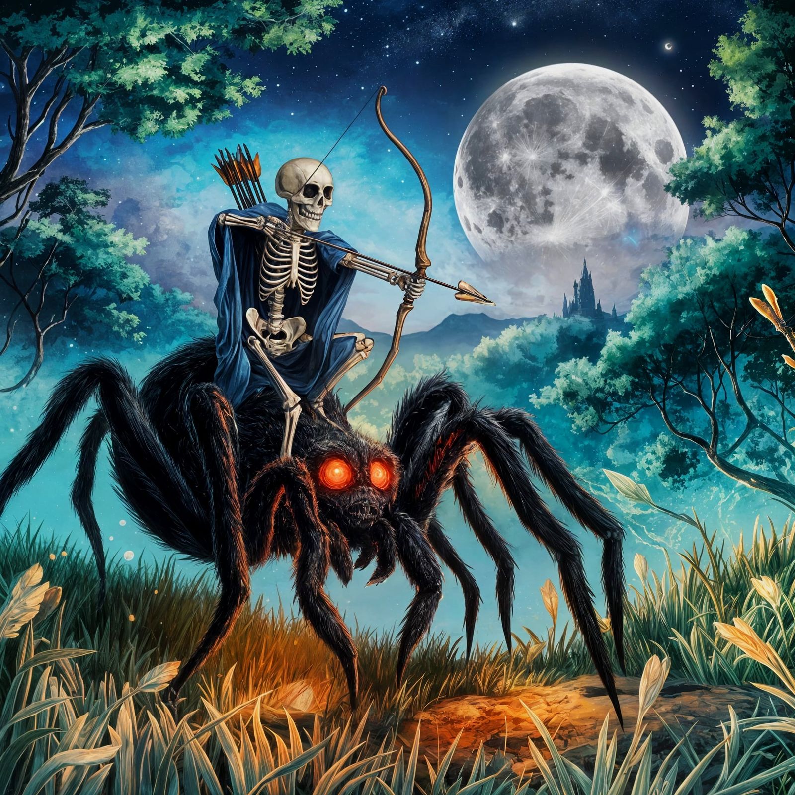 Skeleton Archer Rides Spider in Fantasy Landscape