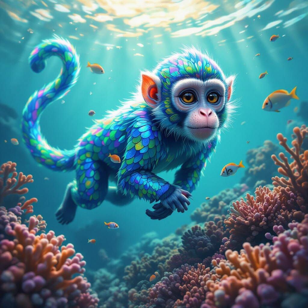 Monkey-Tang Hybrid Swims Coral Reef in Ethereal Light