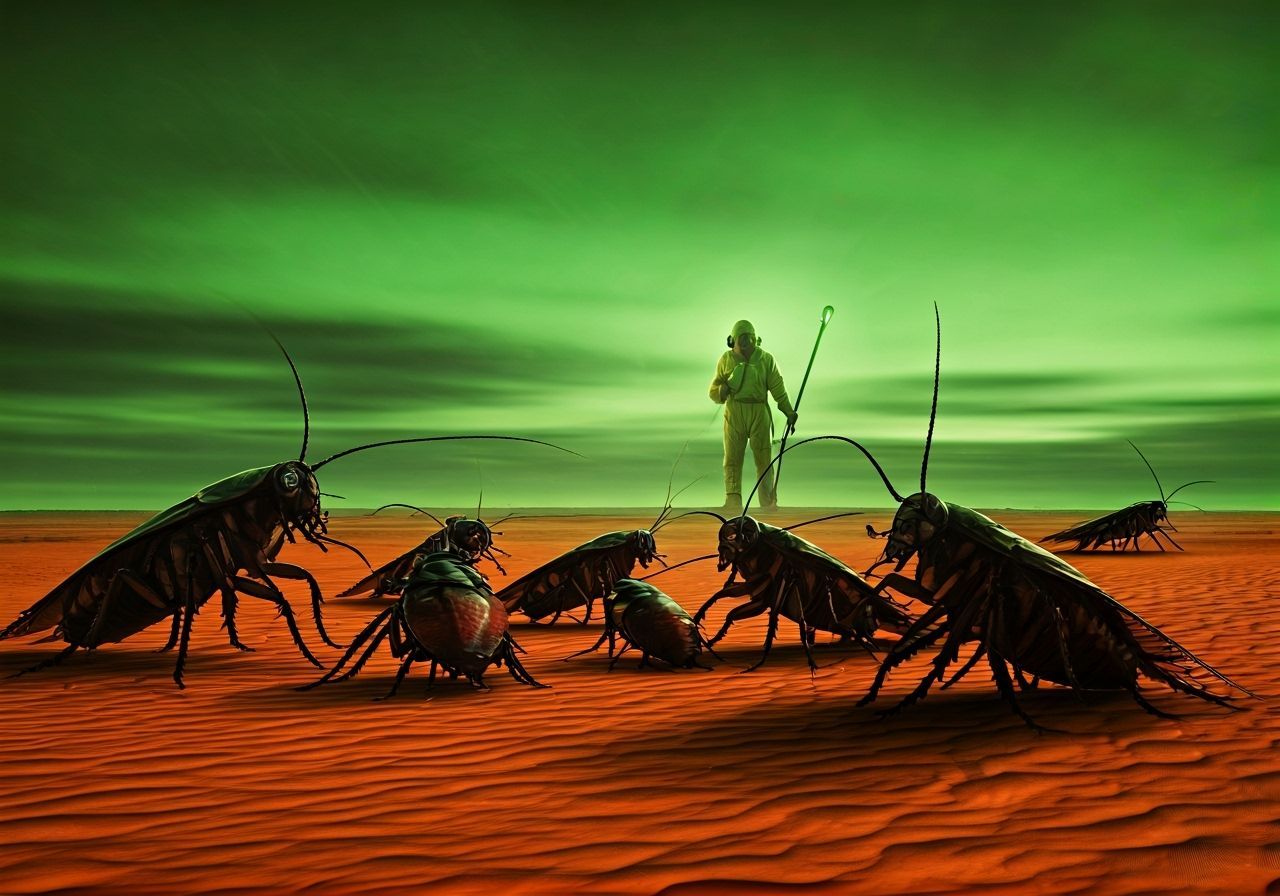 Surreal Dreamscape: Man Herds Giant Mutated Roaches