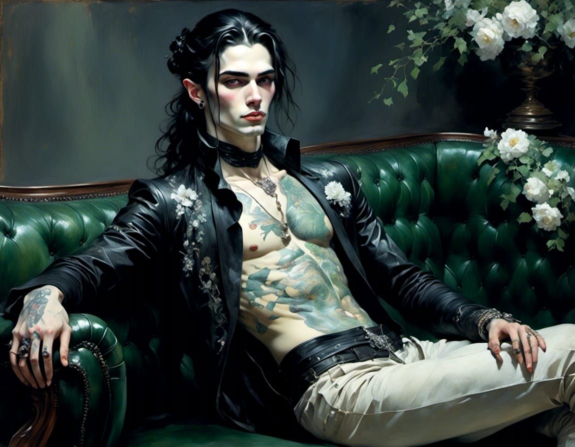 Gothic Green Elf Man with Tattoos and Jewelry