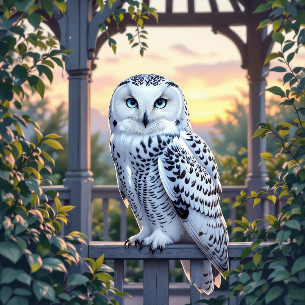 Snow Owl on Gazebo at Dusk: Photorealistic Wildlife