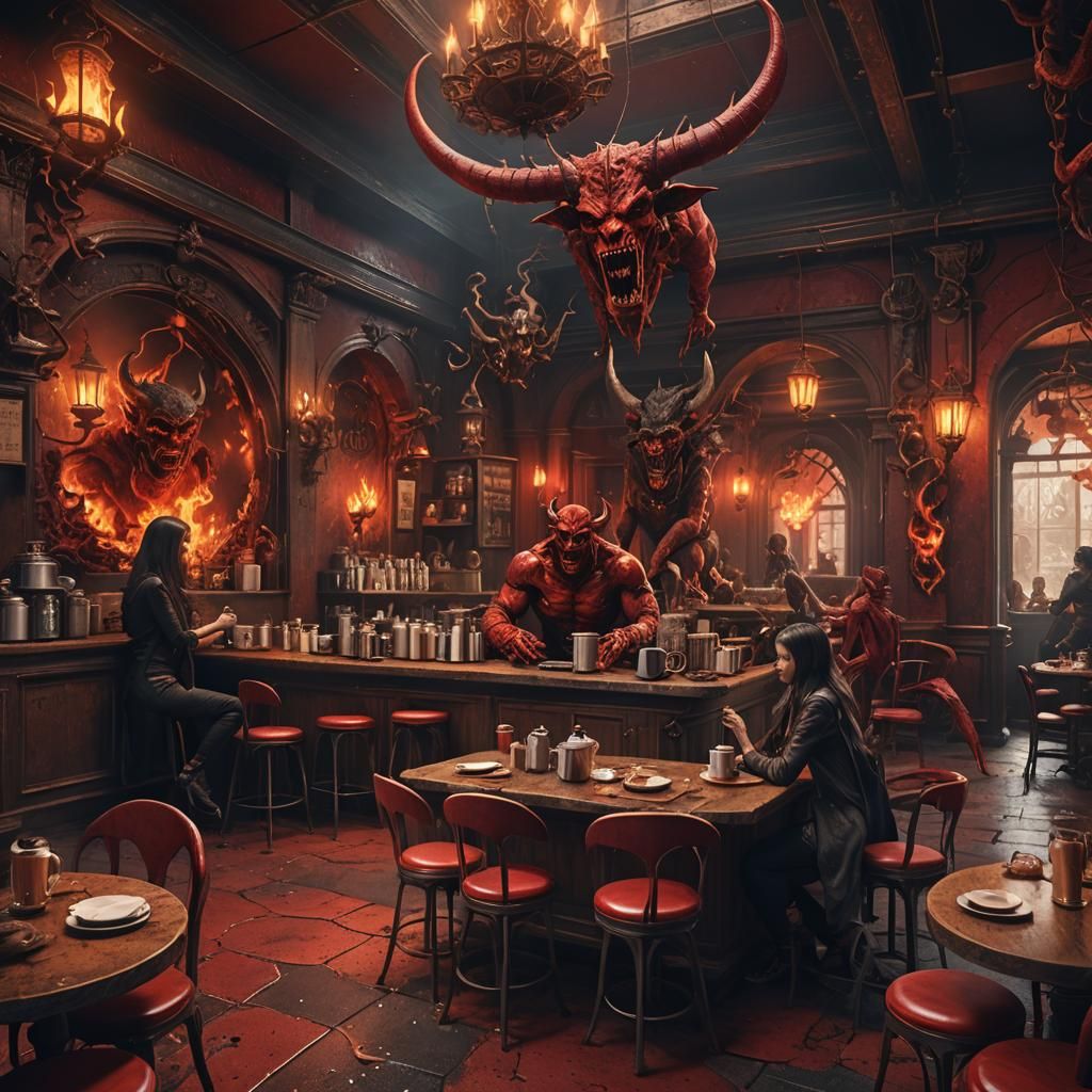 Hellish Cafe Scene with Devil and Demons