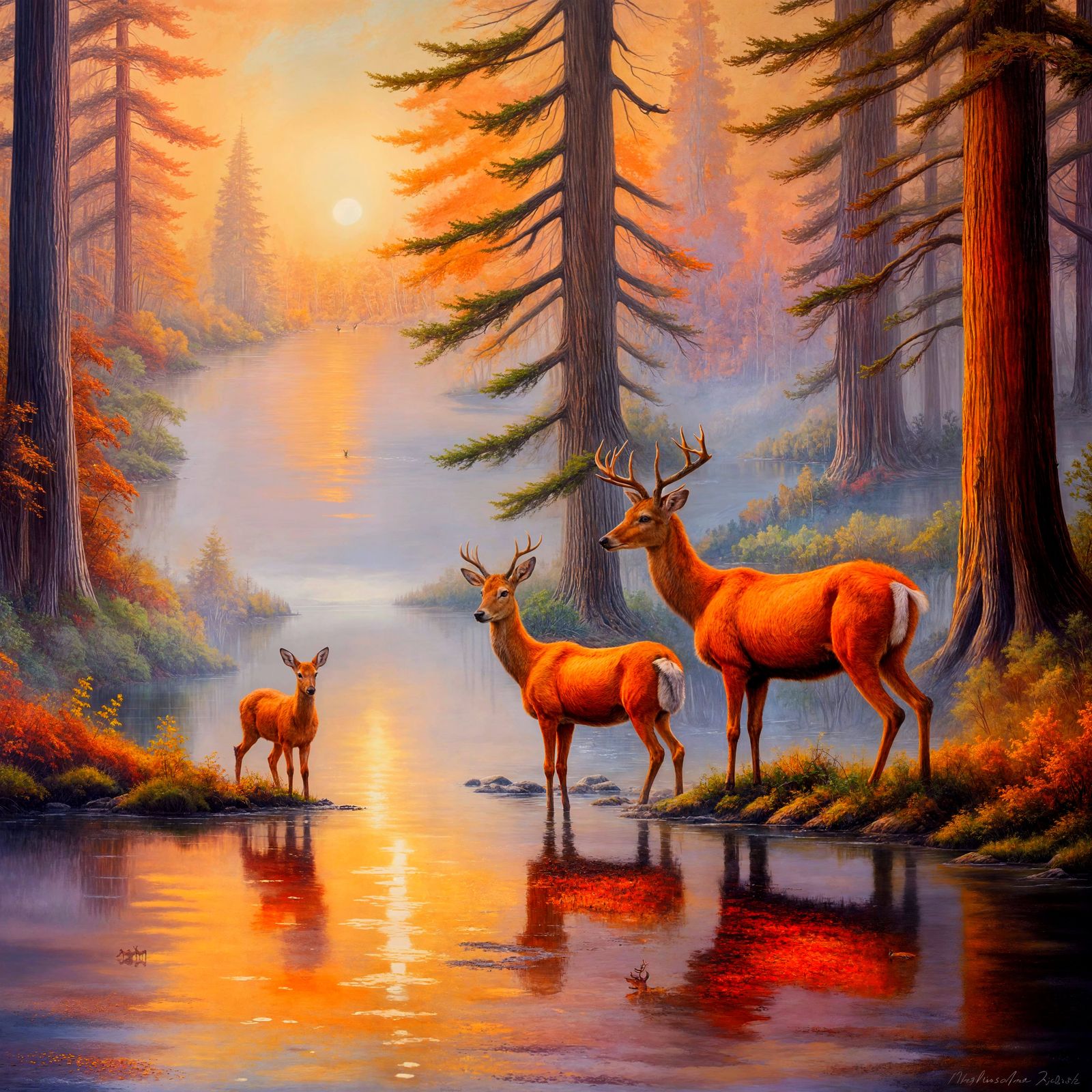 Autumnal Redwood Forest River: Detailed Oil Painting