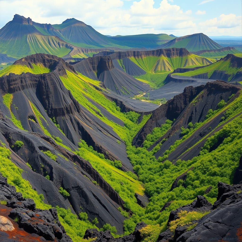 Surreal Oil Painting of Ancient Volcanoes Amidst Vibrant Veg...