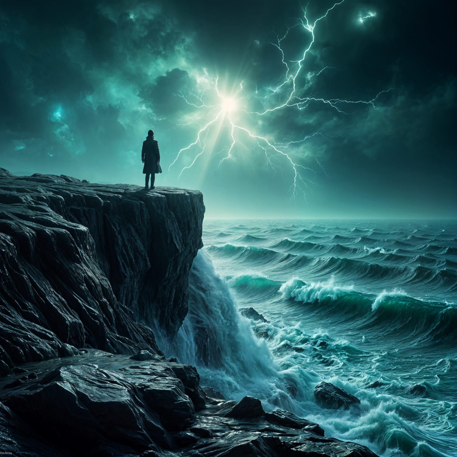 Stormy Sea Figure with Bioluminescent Waves