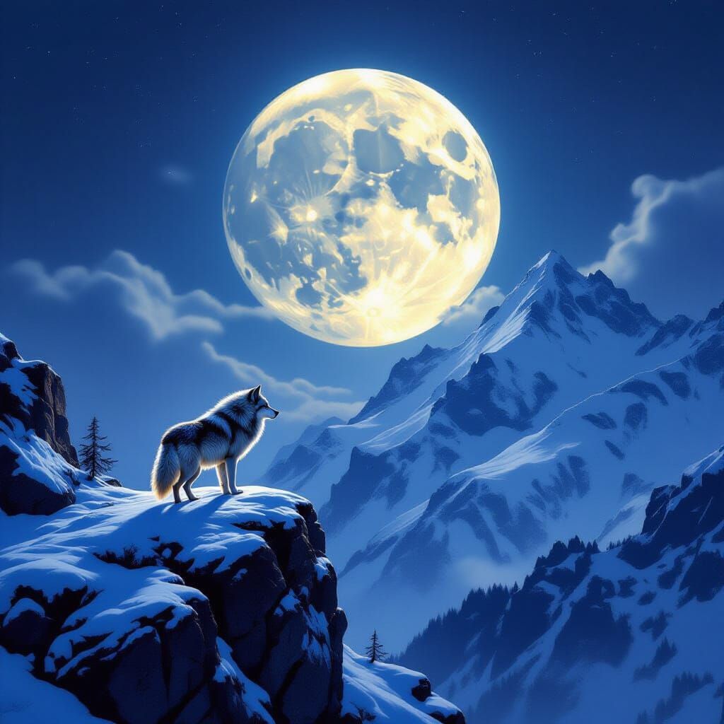 Lone Wolf Howling at Hyperrealistic Moon