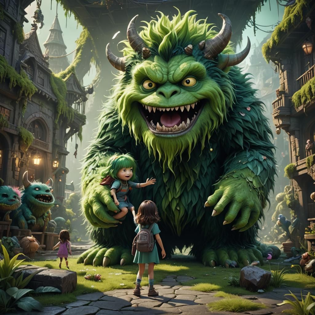 Fluffy Green Monster and Girl: Fantasy Concept Art