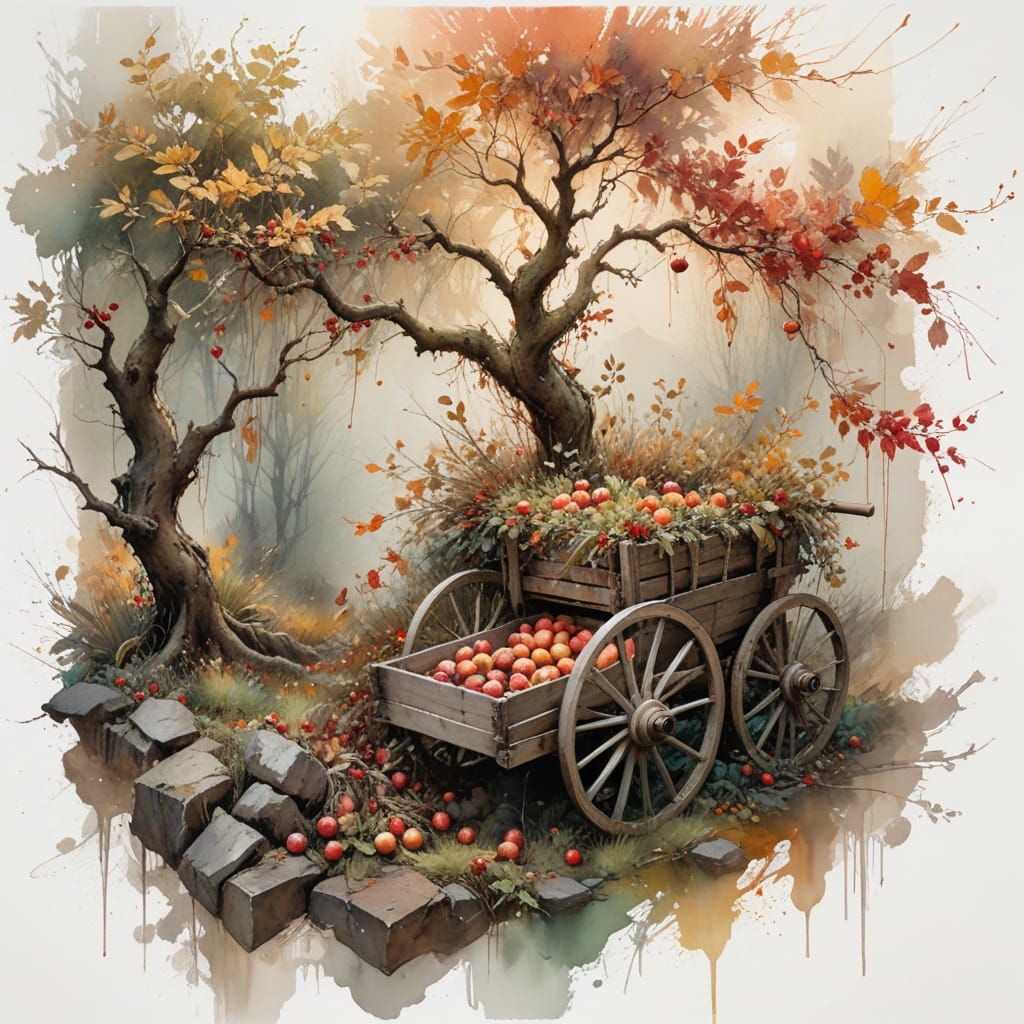 Golden Autumn Orchard Harvest in Watercolor Style
