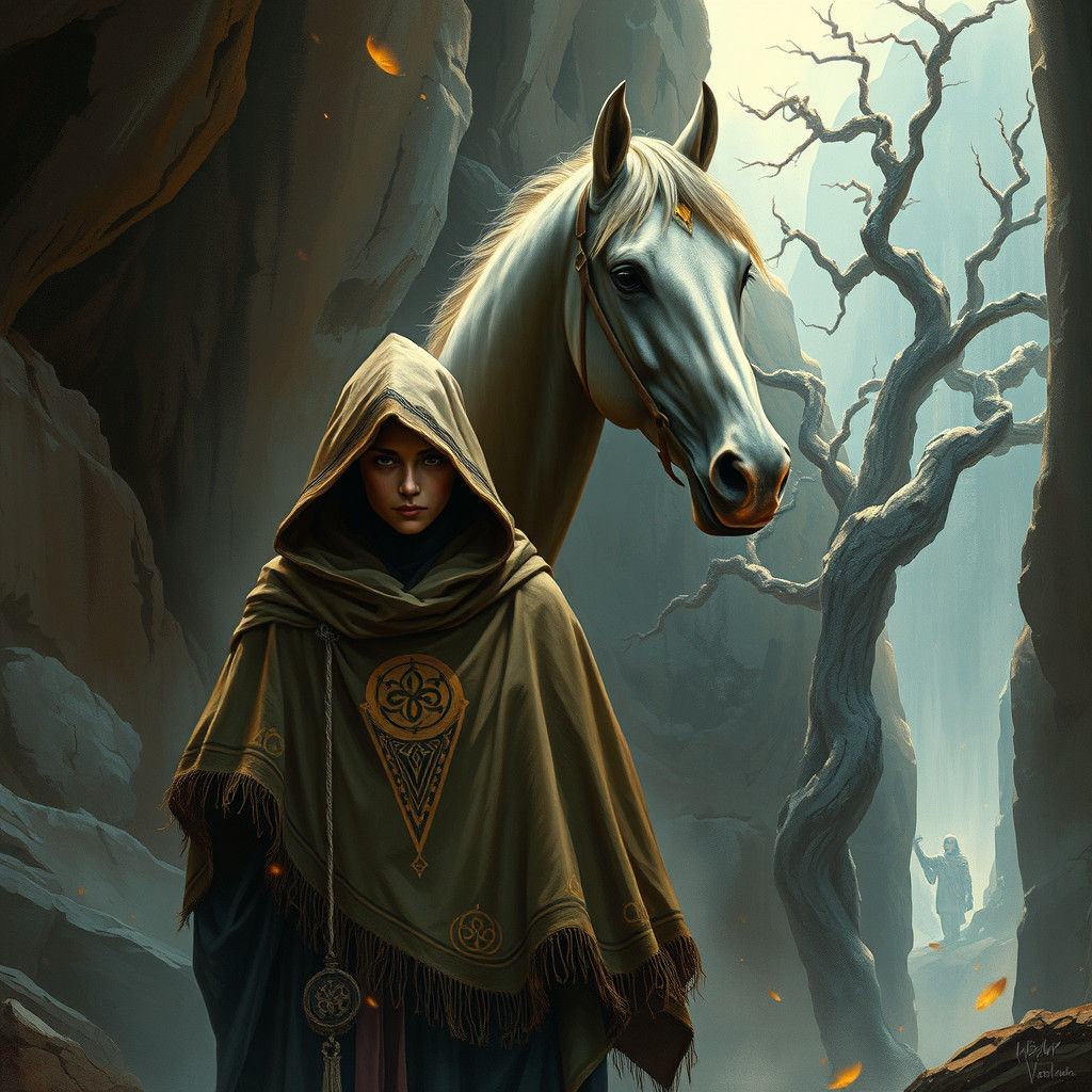 Mystical Figure and Horse in Ancient Ravine
