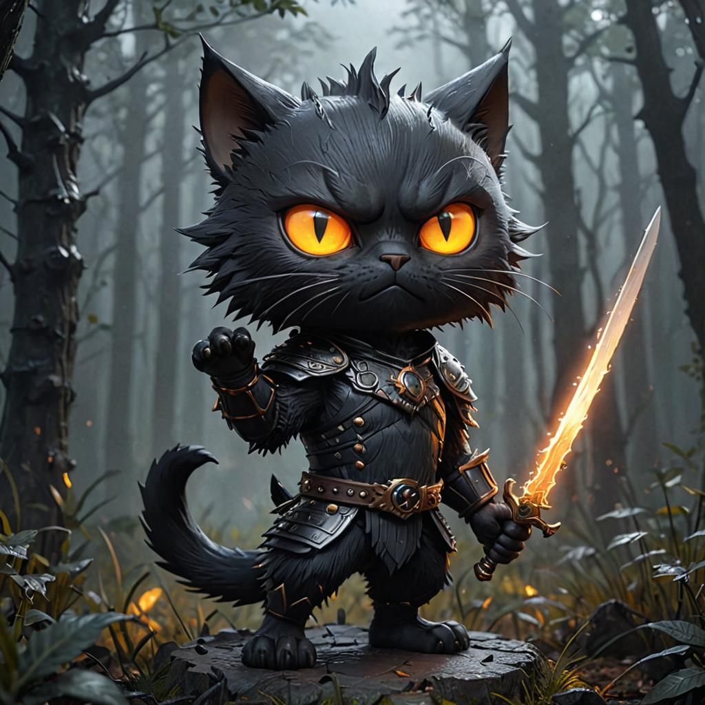 Fierce Chibi Black Cat Warrior in Foggy Forest