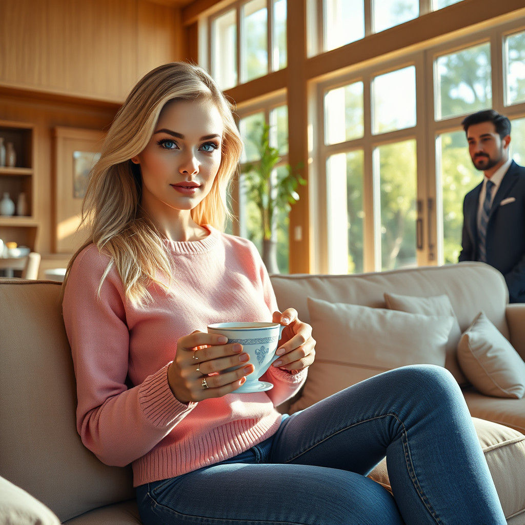 Woman with Coffee in Sunlit Room, as Digital Matte Painting