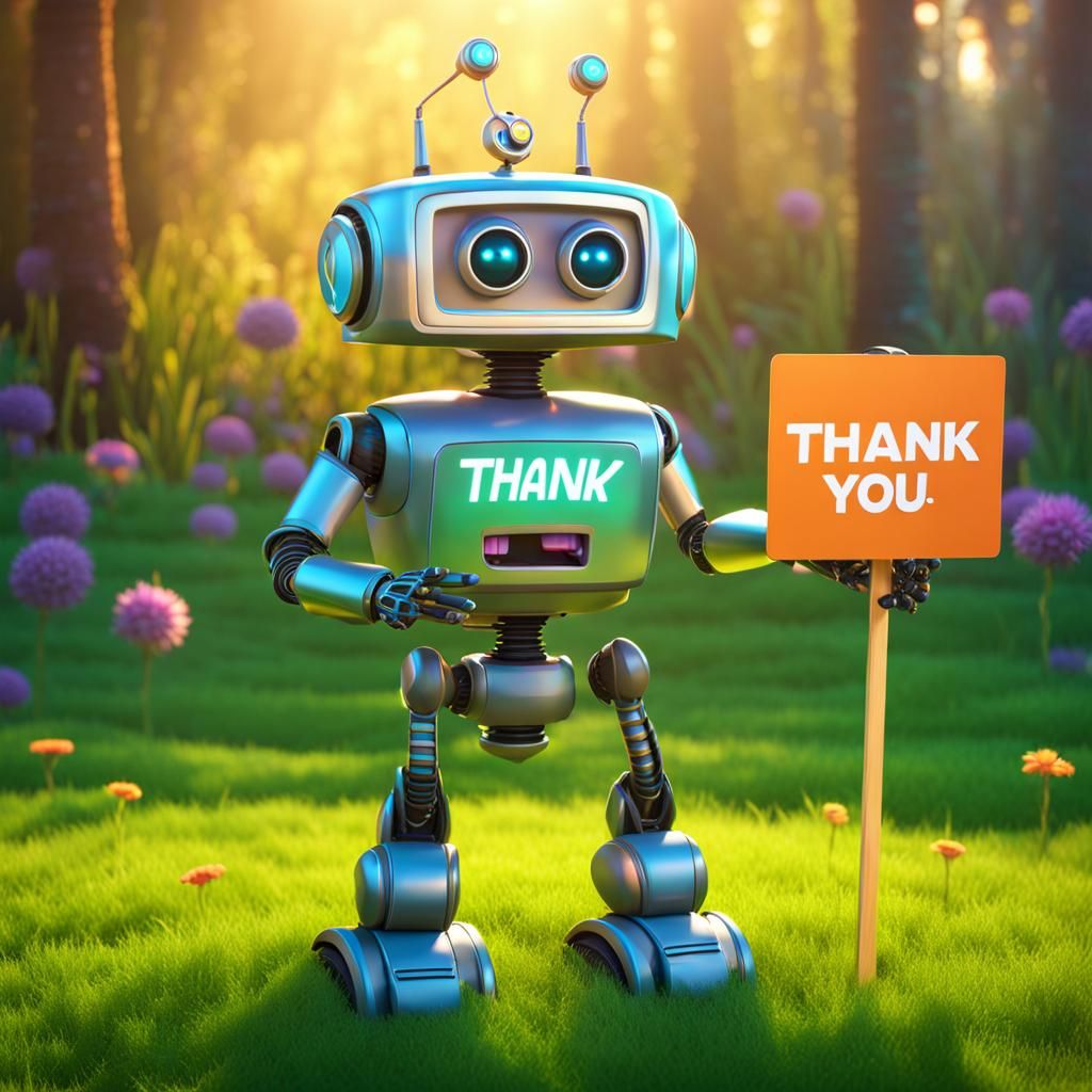Friendly Robot Holding Thank You Sign: 3D Digital Art