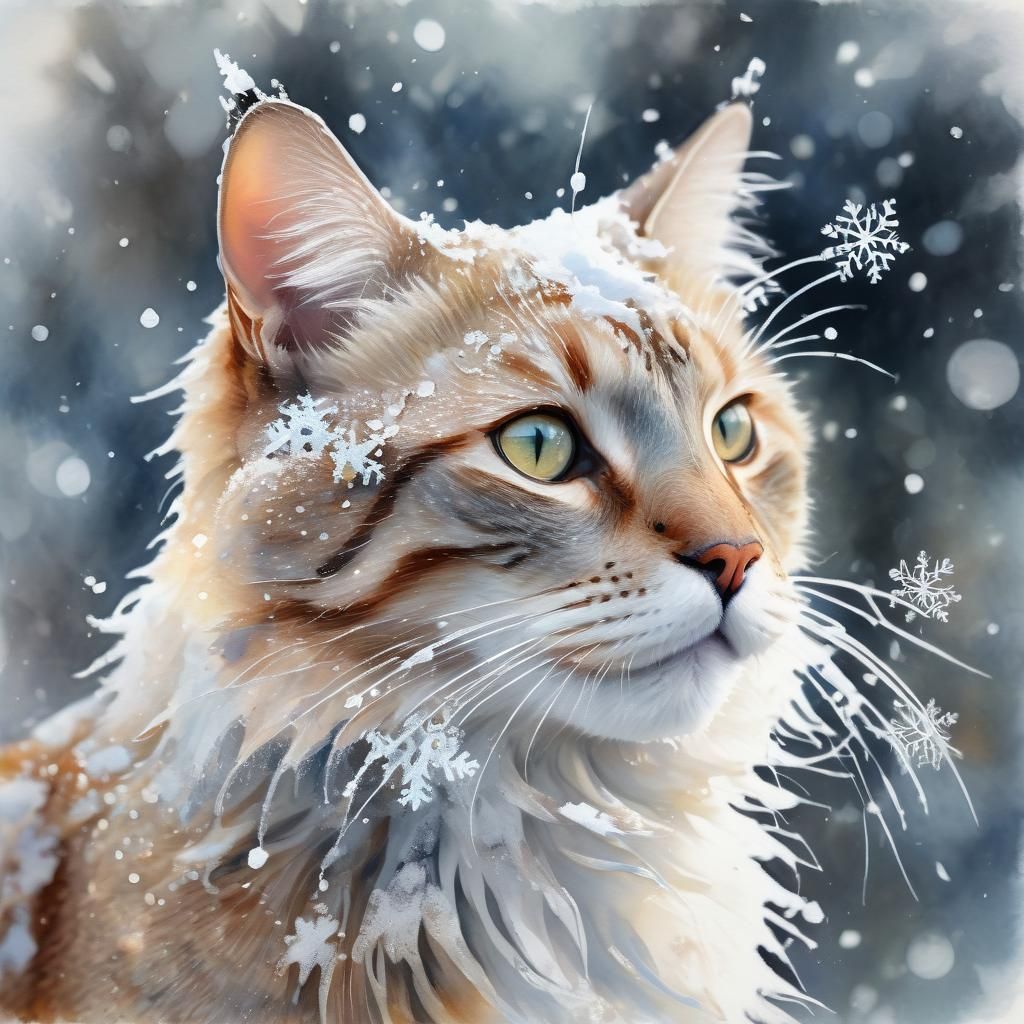 Whimsical Watercolor Cat in a Winter Wonderland