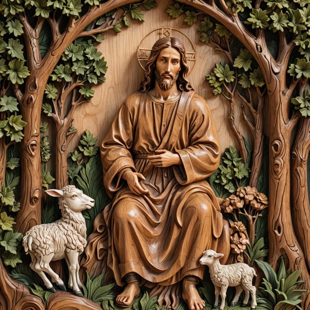 Jesus and Lamb Wood Carving in Renaissance Style