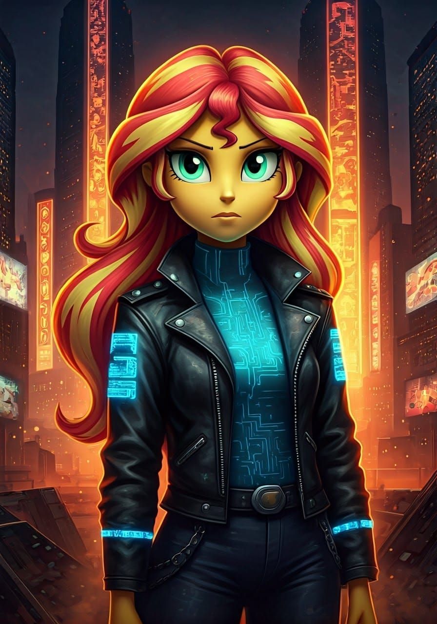 Sunset Shimmer in Cyberpunk Style with Leather Jacket