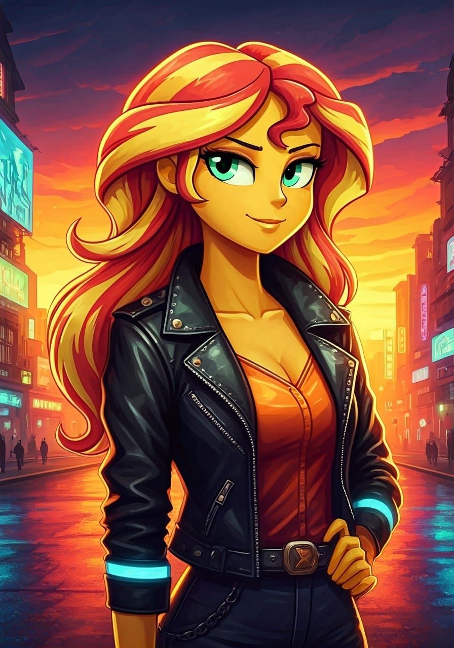Sunset Shimmer in Cyberpunk Leather Jacket Portrait