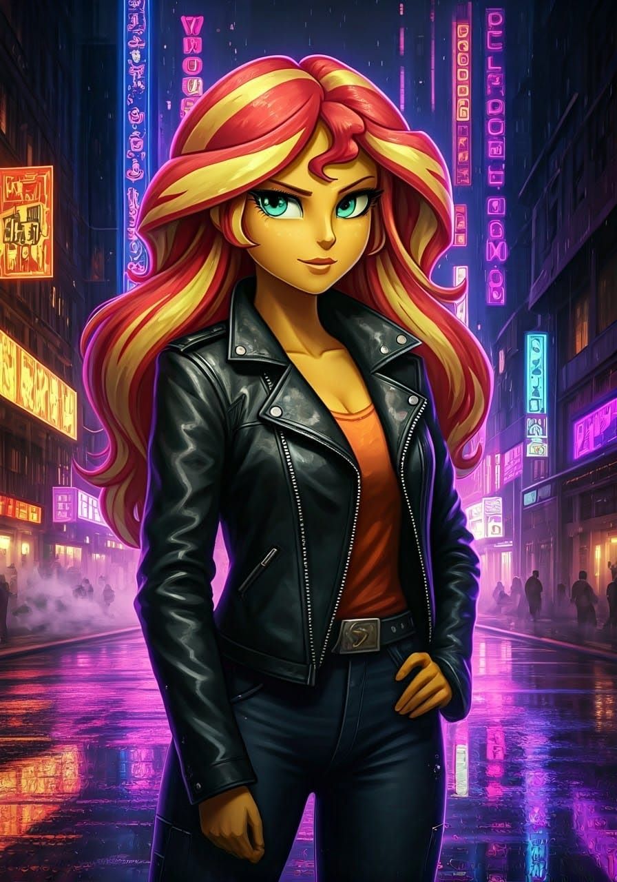 Cyberpunk Sunset Shimmer Portrait in a Neon City