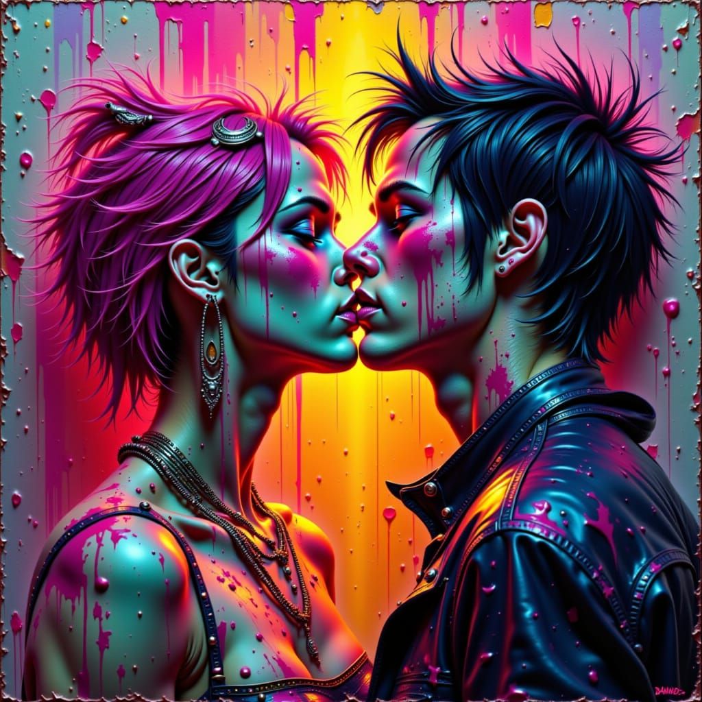 Punk Couple's Kiss: A Hyper-Realistic Oil Painting