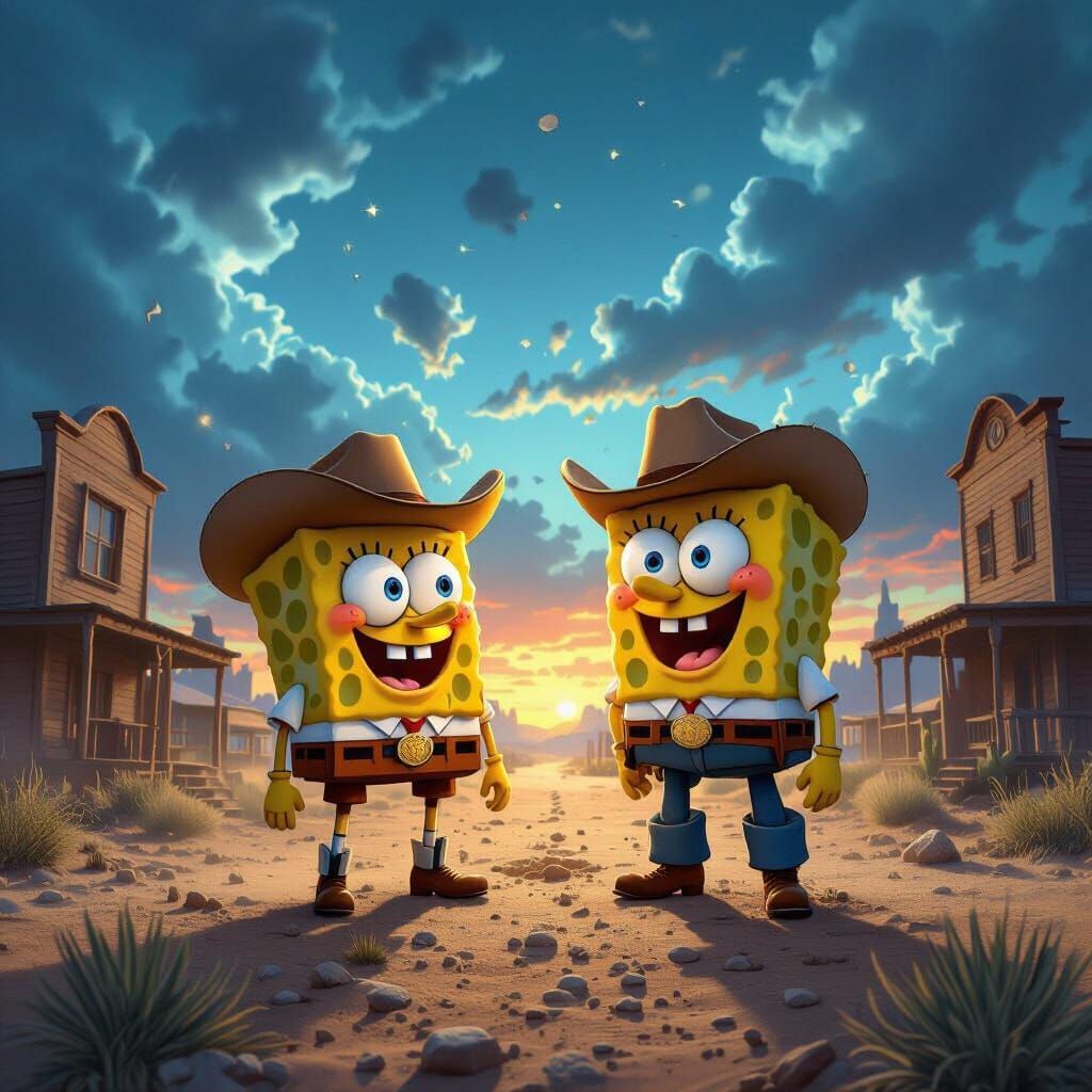SpongeBob and Patrick as Cowboys in Western Town