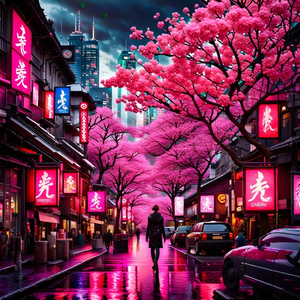 Neo-Tokyo Punk Cityscape with Cherry Blossoms