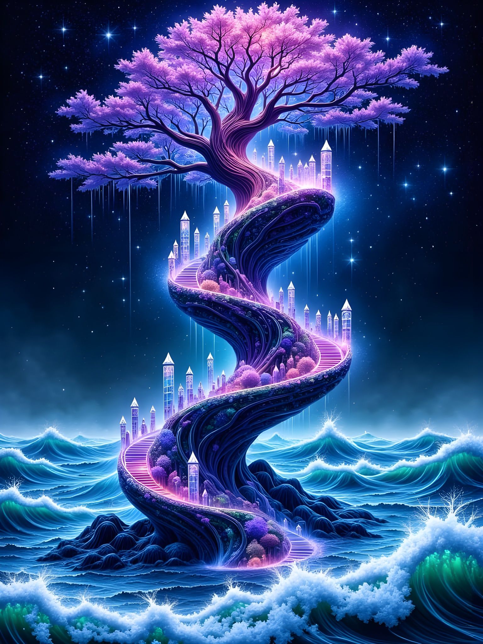 Abstract Treehouse Portal in Fluorescent Seascape