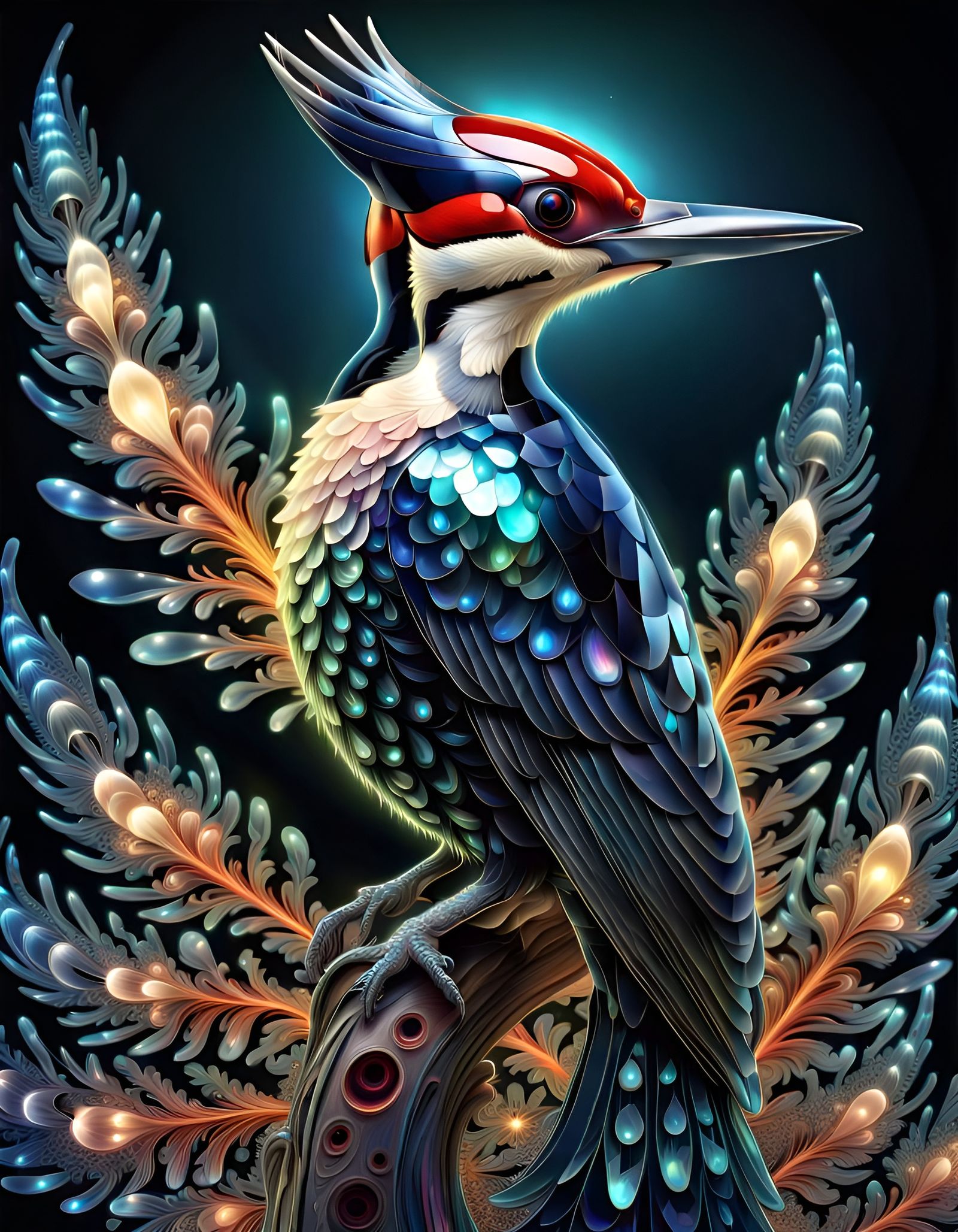 Bioluminescent Crystal Pileated Woodpecker in Ornate Style