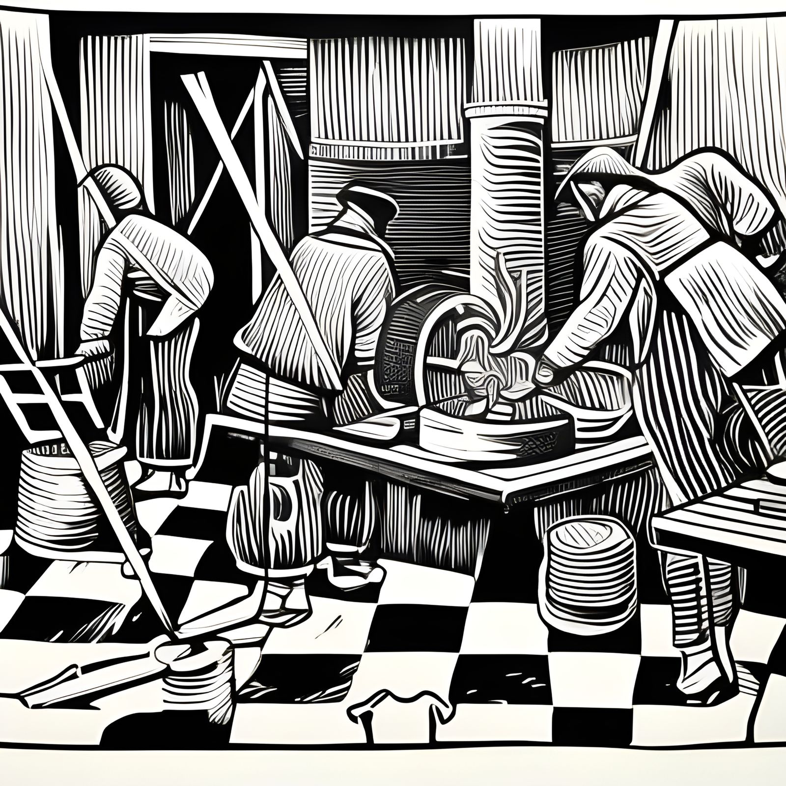 Checkered Workers Forging Holding: Linocut Charcoal Drawing