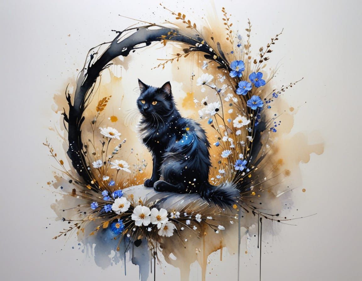 Angora Cat on Flower Branch in Ethereal Light