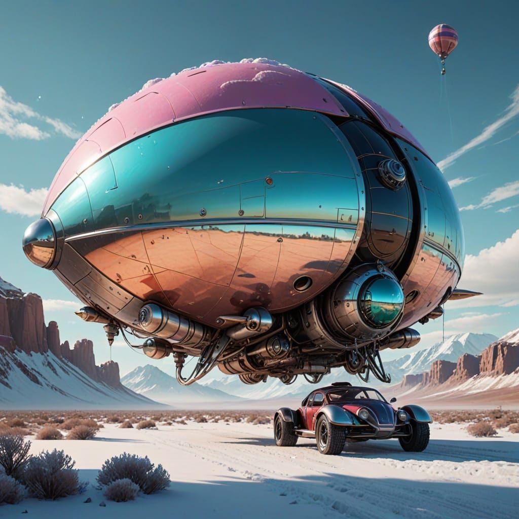 Ladybug Zeppelin Soaring Over Snow Desert